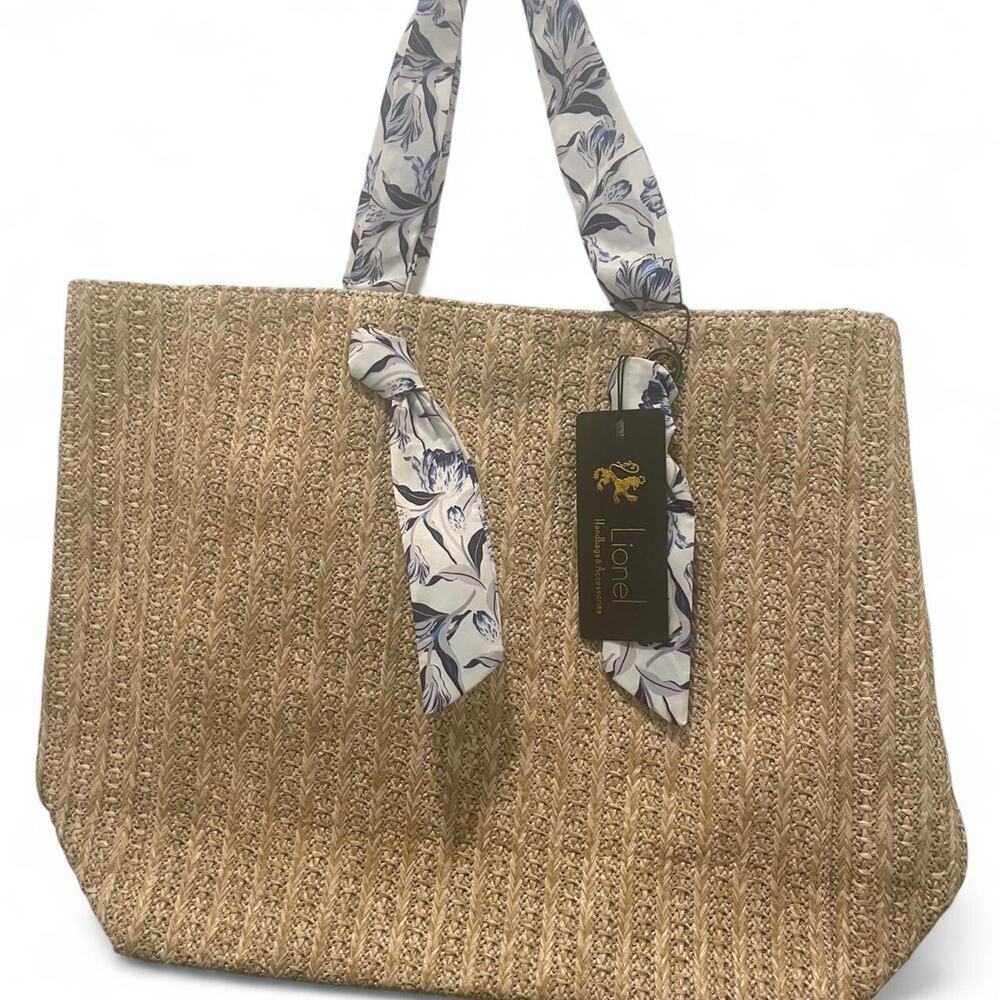 Tan and Purple Floral Woven Beach Bag